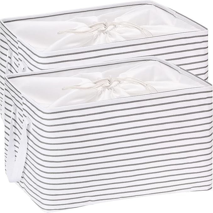 Hinwo 102L XXL Canvas Storage Bin with Lid and Handles, 2-Pack | Collapsible Fabric Baskets, Closet Shelf Organizers, Containers for Clothing, Blankets, Toys, Bedding (Gray Stripe)