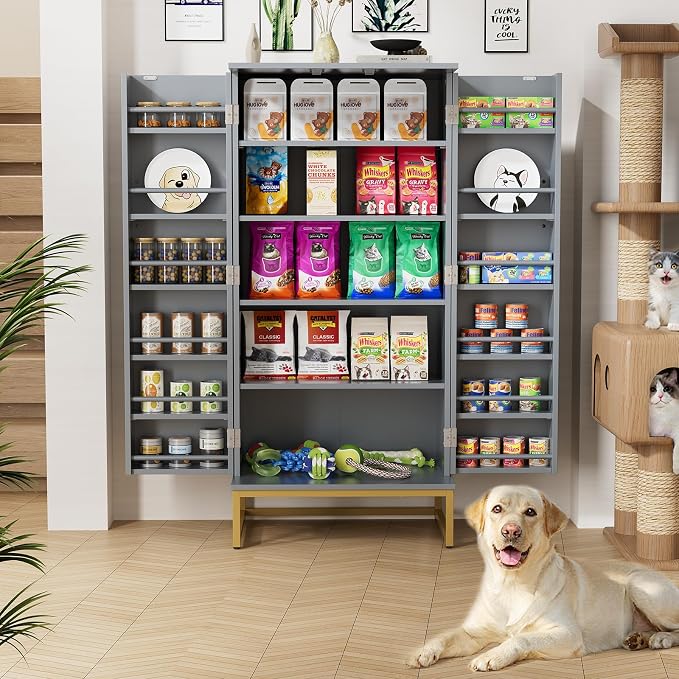 Saudism 51" Dog Food Storage Cabinet with Adjustable Shelves, Gray | Freestanding Pet Storage Container Organizer for Living Room and Dinning Room