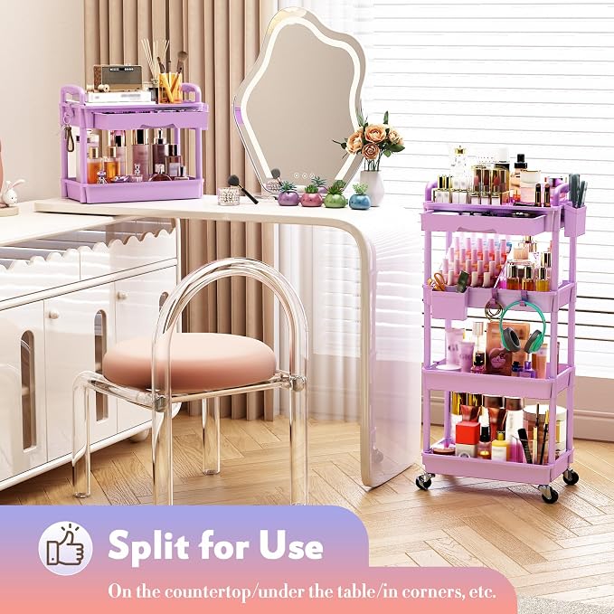 SUNALLY Makeup Cart Organizer with Drawer,4 Tier Rolling Makeup Cart,Purple | Rolling Vanity Storage for Skin Care Perfume Nail Polish, Floor Skincare Organizers Cosmetics Display Bathroom Storage Cart