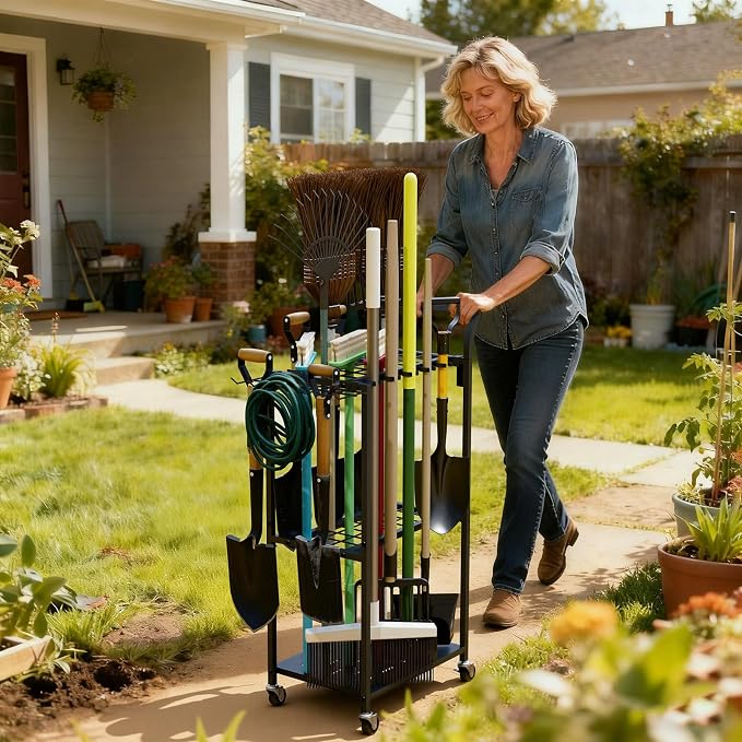 Faesun Garden Tool Organizer with Wheels, Rolling Yard Tool Rack with 14 Hooks & 5 Slots, 3-Tier Metal Cart Holds 50+ Rakes/Shovels/Brooms, Mobile Lawn Storage for Garage Shed Outdoor