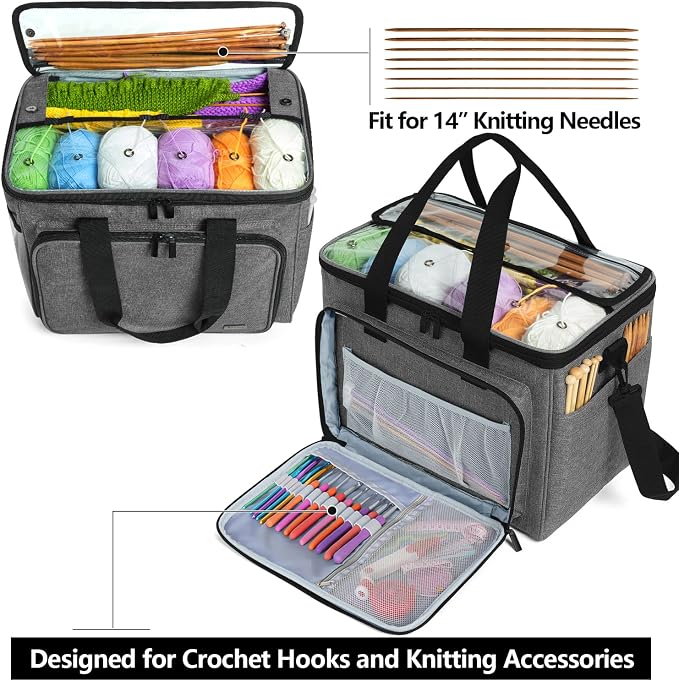 Teamoy Knitting Bag, Yarn Storage Organizer Crochet Bag Tote, Gray | Yarn Holder with Inner Divider(Sewn to Bottom) for Crochet Hook, Knitting Needles(Up to 14"), Project and Crocheting Supplies