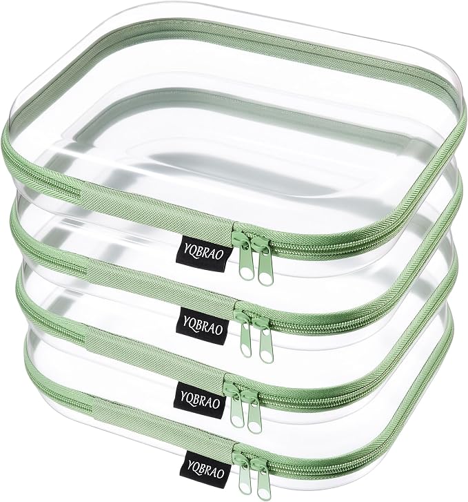 YQBRAO Clear Hard Shell Zipper Cases, 4 Medium Makeup Organizers, Green | Rigid 1.2 mm PET and YKK dual zippers for skincare, toiletries, chargers, notebooks and daily essentials