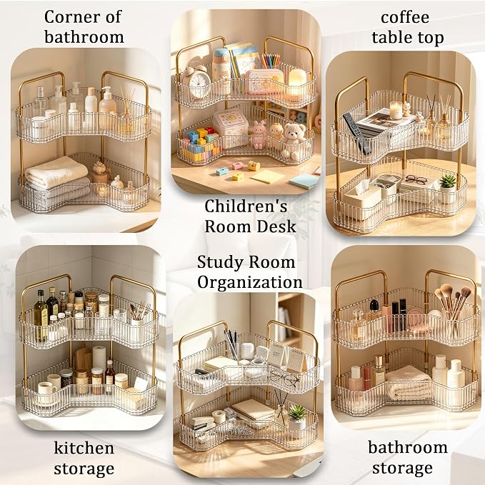 2-Tier Corner Bathroom Organizer, Skincare Vanity Counter Shelf Clear | Premium PET Perfume Display Stand with Gold Metal Rods, Space-Saving 90 Degree Storage Rack for Dresser