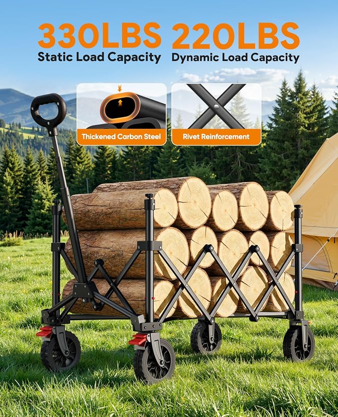 Collapsible Wagon Cart with Wheels, 330LBS for Grocery Shopping Camping | 180L Capacity Wagons Carts Foldable,Heavy Duty Foldable Wagon,Portable Utility Carts for Camping Grocery Garden Shopping