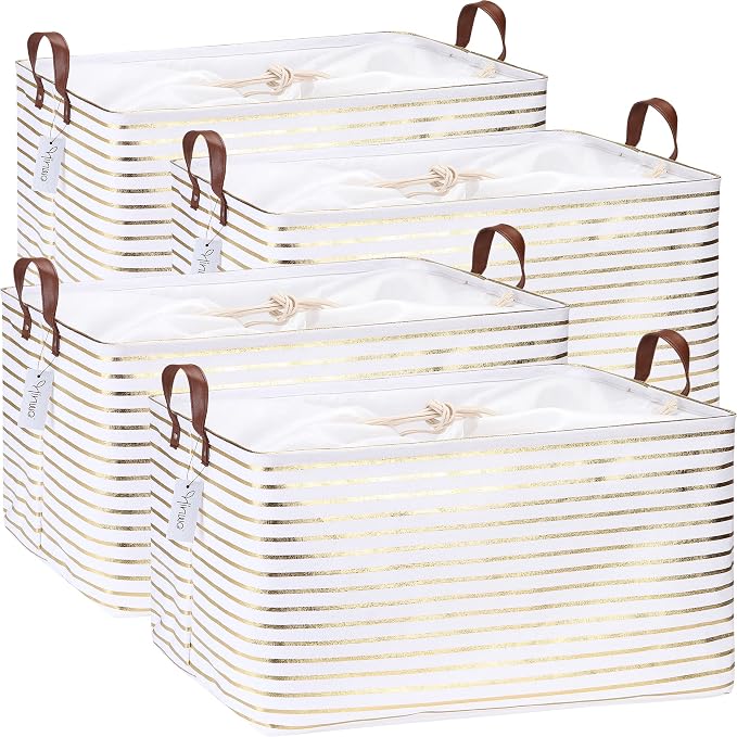 Hinwo 70L Extra Large Canvas Storage Bin with Lid and Handles, 4-Pack | Collapsible Fabric Baskets, Closet Shelf Organizers, Containers for Clothing, Blankets, Toys, Bedding (Gold Stripe)
