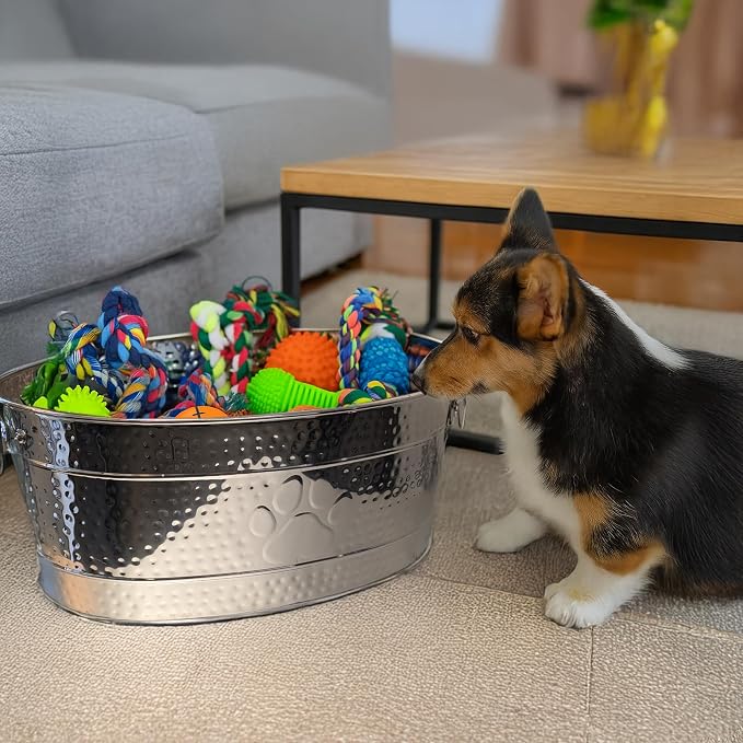 BREKX Stainless Steel Indestructible Dog Toy Bin - Pet Storage Bin with Handles, Large Organizer Storage Basket for Pet Toys, Blankets, Leashes - Pawprint Design Home Decor (Silver - 25 Quart)