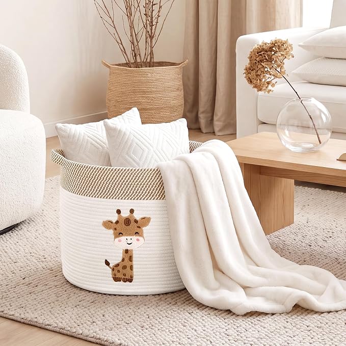 LemonRoad Extra Large Basket 20"x14", Woven Basket for Laundry Blanket Toy Box with Handle Storage, Blanket Storage for Living Room Nursery Pillows Chest(Cotton Rope,Cute Giraffe,Brown White)