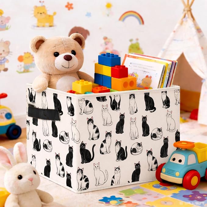 Cat Pattern Storage Bin, Foldable Fabric Organizer Basket | Cat pattern storage bin with black and white cats, foldable fabric design, side handles for home organization.