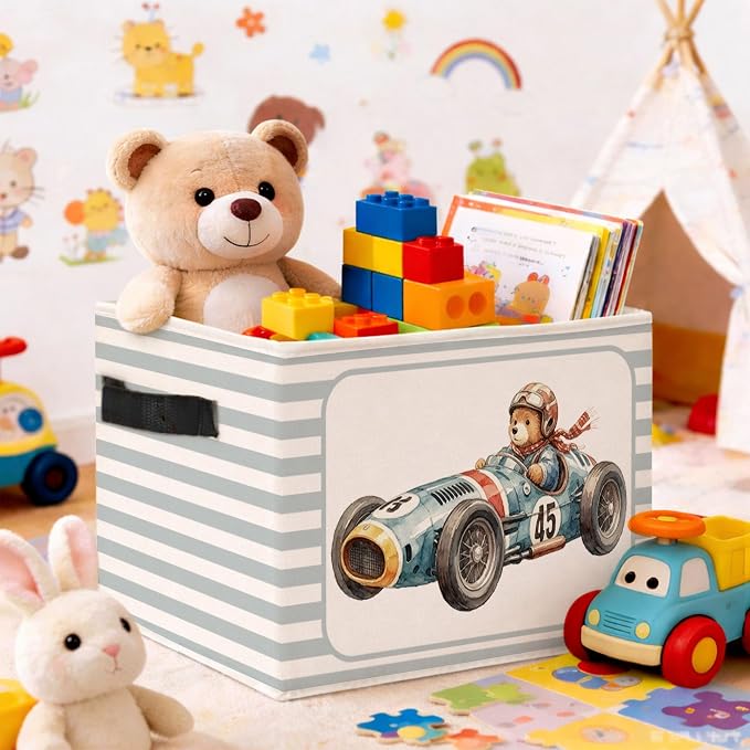 Race Car Bear Storage Bin, Blue Gray Stripe Foldable Fabric Basket | Teddy bear racer collapsible fabric organizer for nursery, bedroom, playroom, toys, books, and clothes