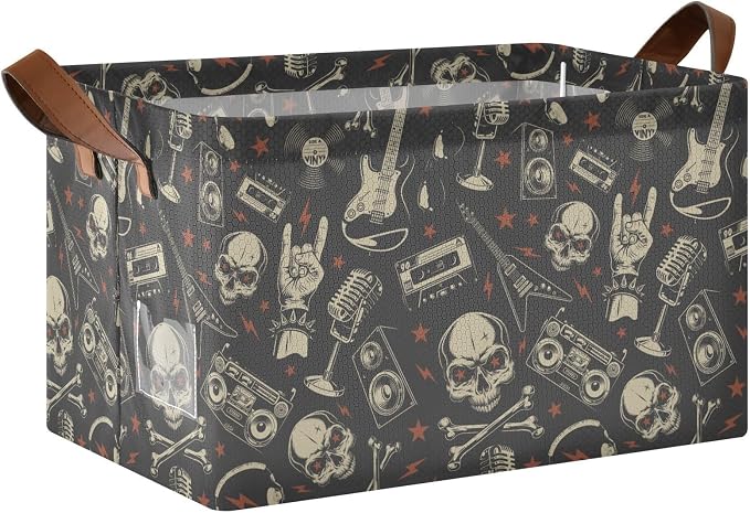 Bass Metal Music Rock and Roll Skull Gesture Black Red Storage Bins for Shelves with Labels&Handles Fabric Organizer Bin Foldable Rectangle Storage Basket Boxes for Closet, Bathroom, Home, Living Room