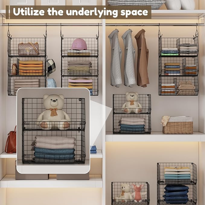 Jautokerdar 4 Tier Hanging Closet Organizer with Dividers,Extra Large Storage Hanging Shelf with 5 S Hooks 4 Dividers,Hang on Wire Closet Shelving Clothes Organizer-Black
