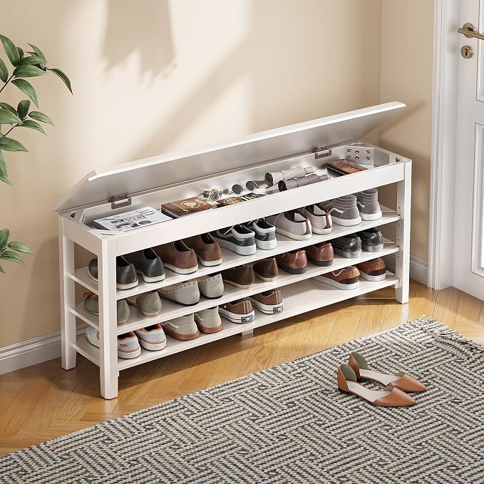 IUNVR Shoe Rack Bench Seat Rubberwood 3-Tier Wooden Storage Bench 550lbs Compact Mid-Century Modern Design for Entryway, Hallway, Closet, Front Door Entrance, Foyer