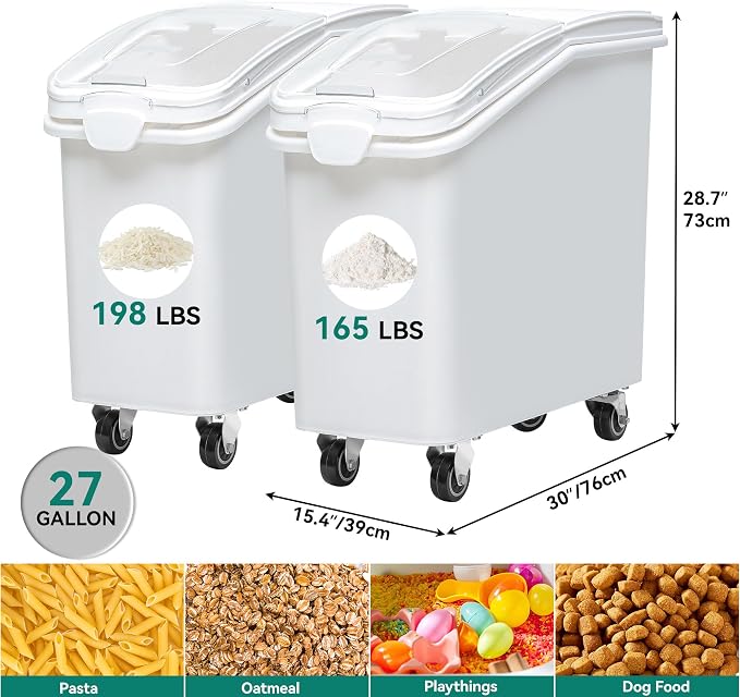 YITAHOME 27-Gallon Food Storage Container,Bulk Flour Bin, Large Ingredient Storage Bin with Wheels, Measuring Cup & Scoop, for Kitchen/Dining Room, Commercial Rice Container,2 count,White
