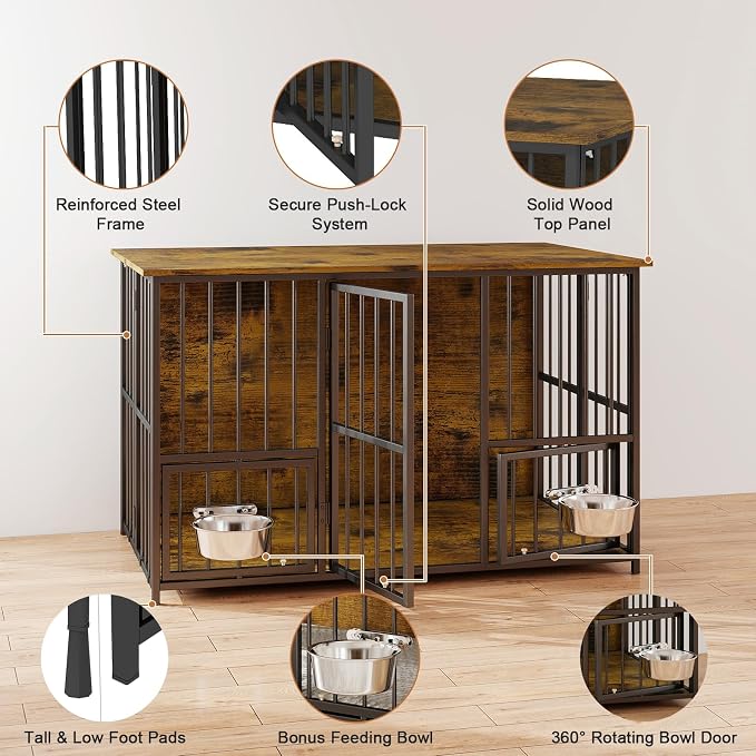 Hadulcet 41'' Foldable Dog Crate Furniture, Large Dog Kennel with 2 Bowls | Wooden Crate Table with Storage Top, Furniture Style Indoor Kennel for Small to Large Dogs with Rotating Food Door, Brown
