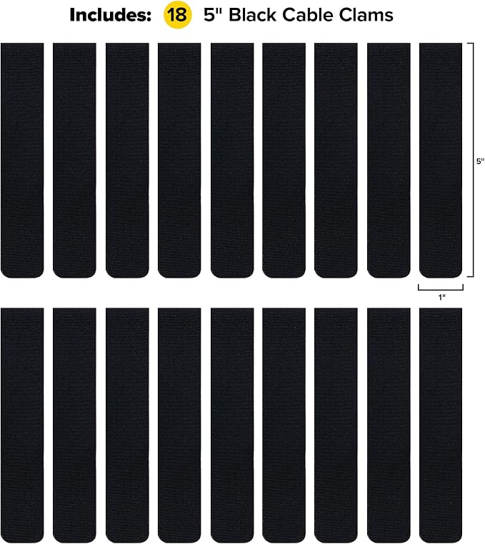Cable Clams by Wrap-It Storage - 5" (18-Pack) Black | Cord Holder Strips with Adhesive for Desk Cable Management and to Hide Computer, Electrical, or TV Cords