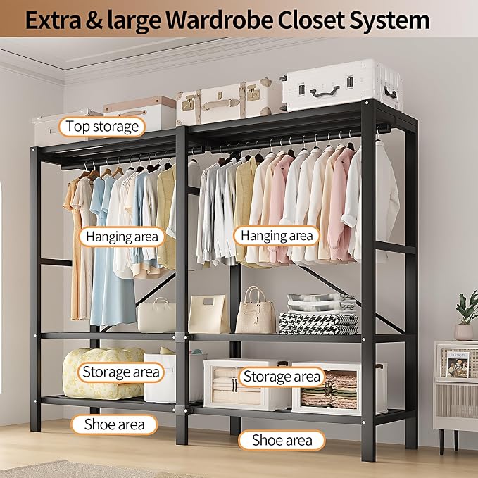 Heavy Duty Clothes Rack with Cover, Portable Wardrobe Closet with Magnetic Door & Black Steel Frame, Foldable Freestanding Garment Storage (Red-Magnetic Door, 70.8''L x 20.5''W x 67''H)