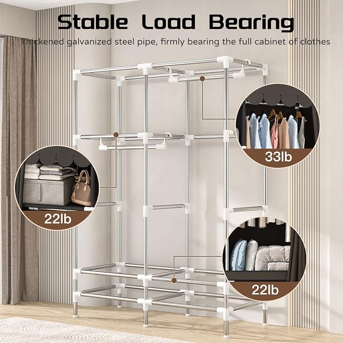 Portable Wardrobe Closet for Bedroom, Small Storage Organizer with 2 Drawers and 2 Hanging Rods, Includes Dust Cover.(Brown, 39.3 in)
