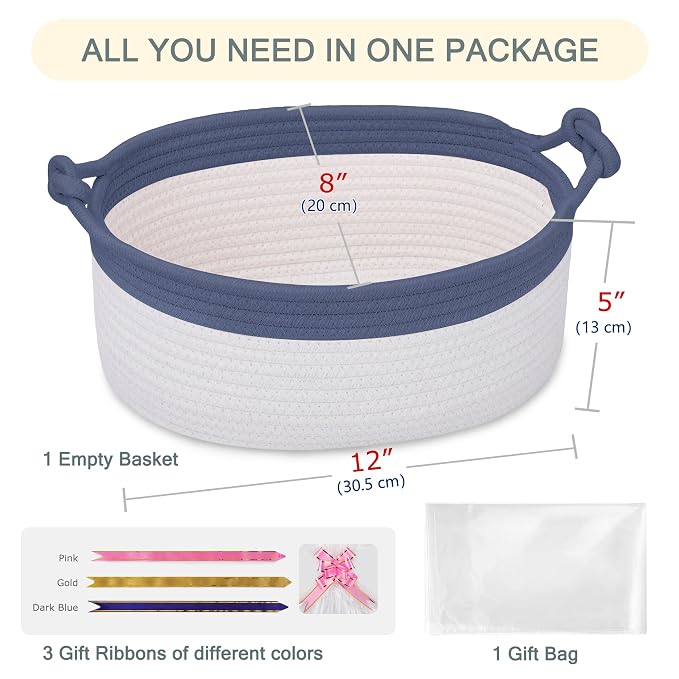 COMSE Small Gift Basket Empty with Bag & Ribbons, Folkstone Gray & White | Cotton Rope, 12"x 8"x 5", Pet Toy Storage Organizer, Woven Basket for Birthdays, Baby Showers, Mother’s Day, Valentine’s Day