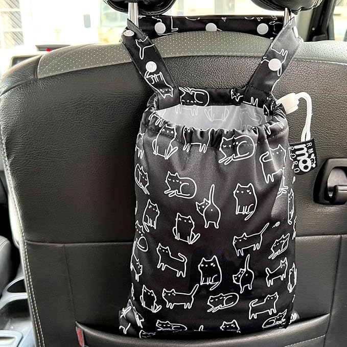 Waterproof Car Trash Bag Reusable Portable Garbage Can with Drawstring Top Adjustable Hanging Strap Leakproof & Washable for Cars SUVs & Trucks (Black Cats)