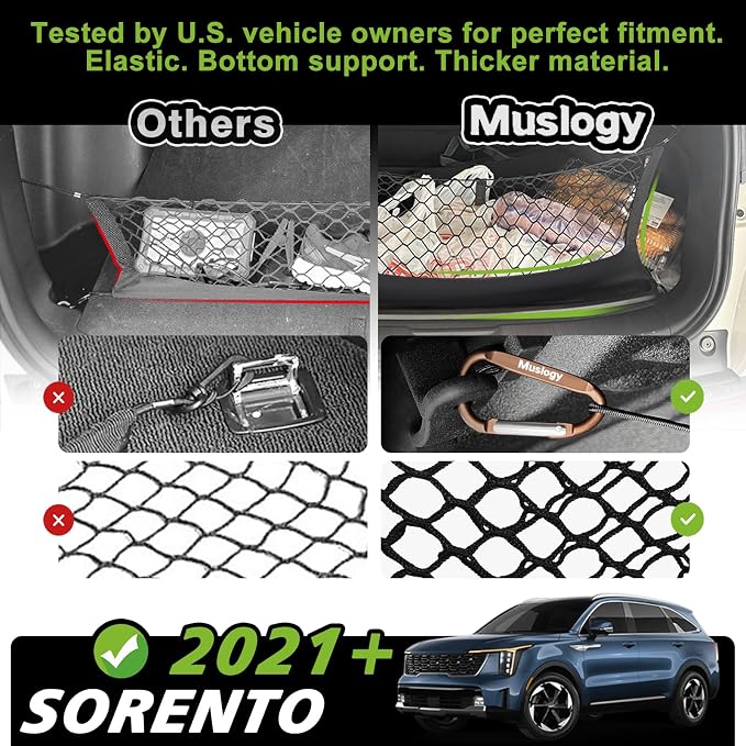 Muslogy Cargo Net for 2021-2024 2025 2026 Kia Sorento | Custom Fit, Trunk Storage Organizer Net for SUV Sedan Van Divider, with Heavy Duty Carabiners, Night Visible Grab Handle