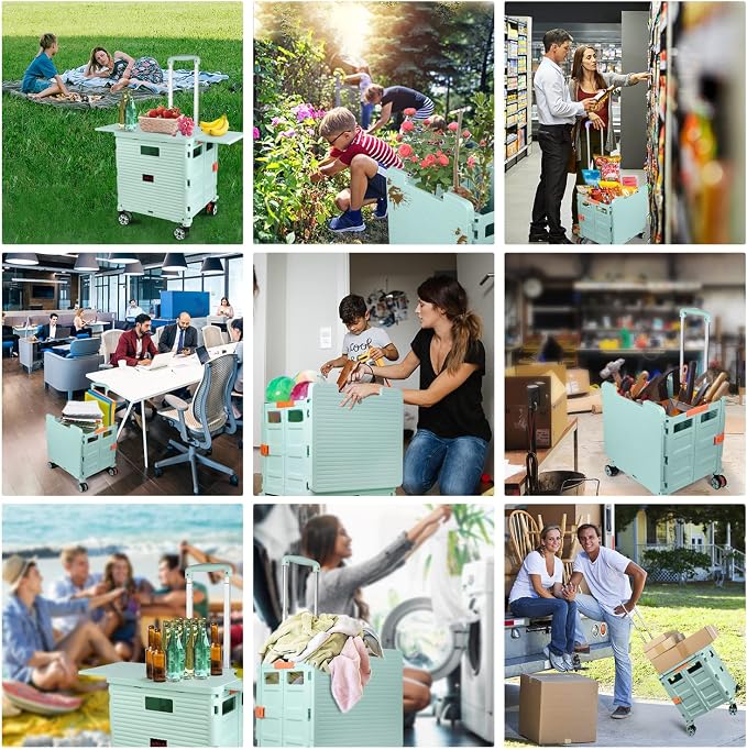 Foldable Utility Cart Collapsible Portable Crate Rolling Carts with Wheels Tote Basket with Magnetic Lid Telescopic Cover Wear-Resistant 360°Rotate Wheel Noiseless for Shopping Storage Office Use