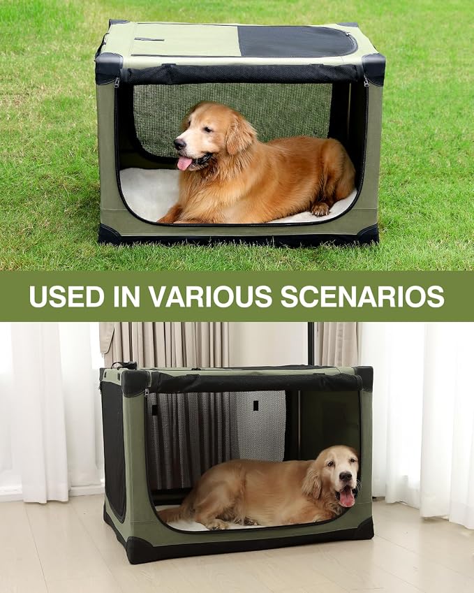 33 x 25 x 25 Inch Collapsible Soft Dog Crate for Dogs Up to 70 lbs, Portable Travel Pet Kennel with 4 Zip Doors, Foldable Indoor Outdoor Crate with Mat, Carry Bag, Green