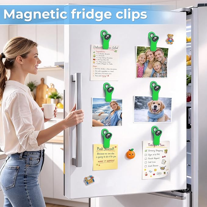 12 Pack Chip Clips, Bag Clips for Food, Magnetic Sealers for Chips and Other Food, Plastic Bag Clip for Kitchen, Fridge, Clothes, Sewing and Artwork (Green)