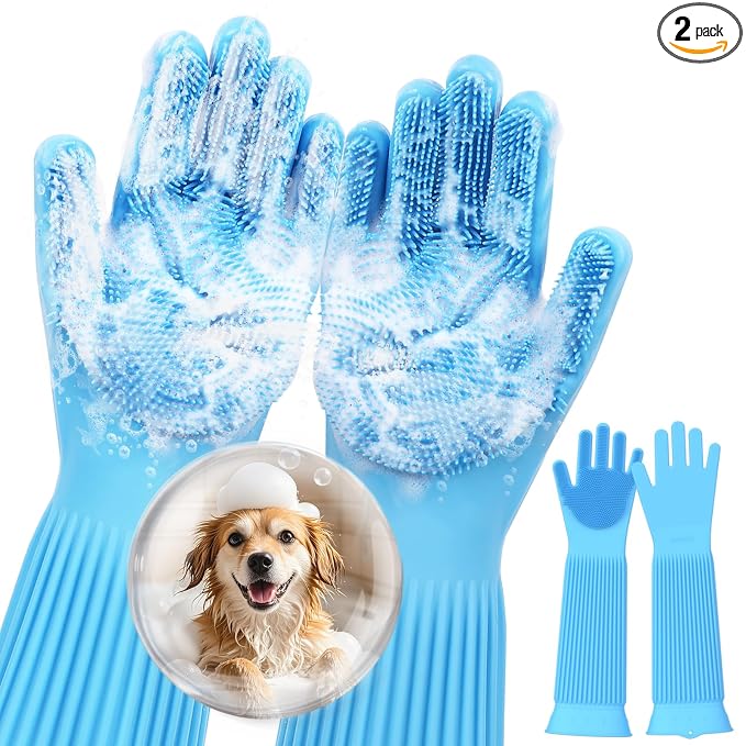 Pecute Silicone Pet Grooming Gloves for Washing Cats Dogs Bath Brush | Extended cuff, 3,000 soft bristles, Gentle massage & deshedding, Dishwasher safe, For large/thick coats, Home/car cleaning