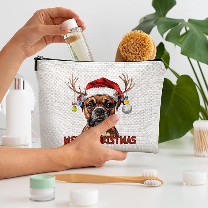 DILSJ Christmas Boxer Dog Makeup Bag, Boxer Dog Gifts Cosmetic Bags For Women, Pet Lover Gifts, Christmas Zipper Makeup Pouch Travel Organizer Toiletry Bag
