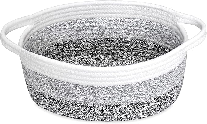 ABenkle Small Basket with Handles, Boho Decorative Rope Woven Dog Cat Toy Storage Bin Shelf Storage Organizer, Easter Christmas Gift Basket, 12"x8"x5"