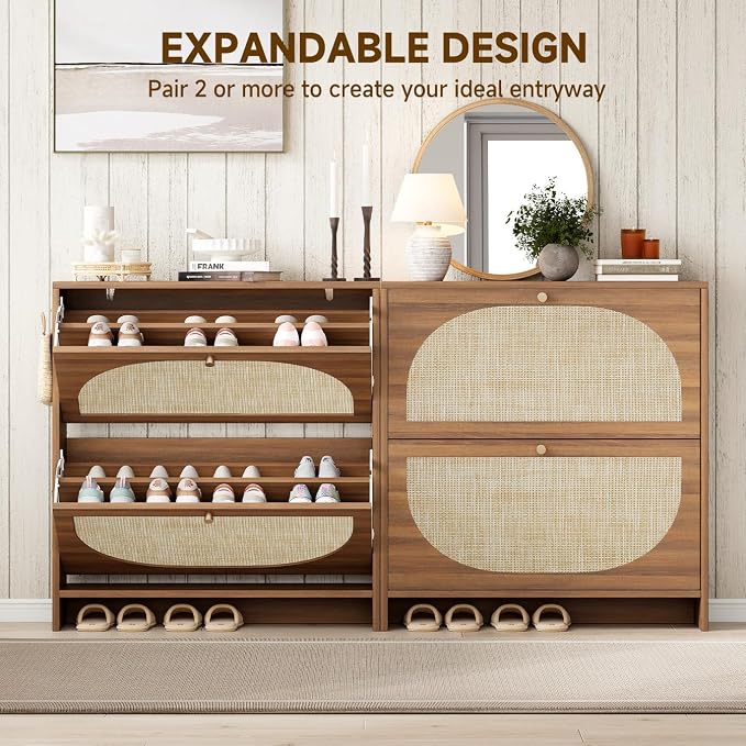Rattan Arched Accent Shoe Storage Cabinet - Freestanding Ultra Slim for Entryway, 2 Flip Drawers & 3-Tier Adjustable Shelves, Farmhouse Modern Rustic Shoe Rack for Hallway, Foyer, Living Room