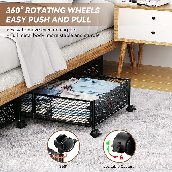 Under Bed Storage with Wheels,Patterned,Sturdy Metal,4 Pack,Black | Tool-free assembly, glide smoothly, easy reach, foldable, maxmazie low-profile beds, dorm, keep seasonal clothes, shoes fresh