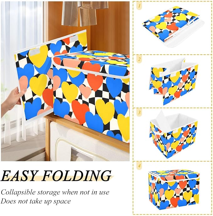 Heart Check Fabric Storage Bins with Lids Closet Bedroom 40L Storage Basket | Decorative Storage Boxes, Foldable & Stackable, Dust-Proof Flip Top, Reinforced Handles, For Home & Dorm, Clothes & Toy Box