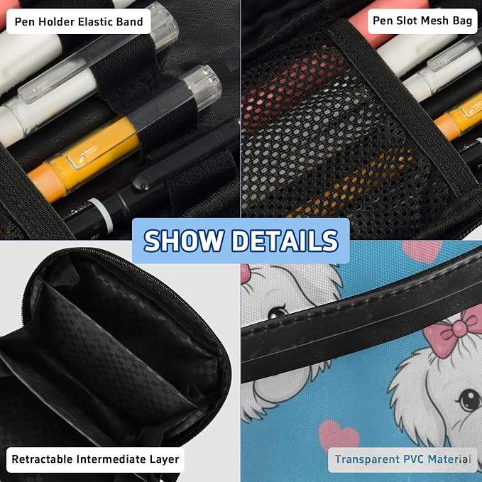Cute Pets Dog Blue print Large Capacity Pencil Case with Zipper Water Resistant Portable Organizer Pen Bag for Office Students School