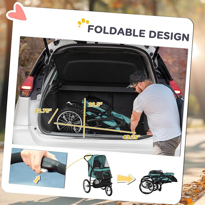 PawHut 3 Wheels Pet Stroller Foldable Jogger for Medium Dogs Dark Green | Adjustable Canopy, Safety Tether, Cushion, Storage Basket, Portable for Meidum Dogs and Cats