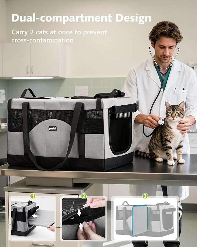 Pecute Large Cat Carrier, Soft Double Pet Crate for 2 Cats Travel, Gray | Anti-Collapse Steel Frame, Convertible Dual Space, Foldable, Polyester Breathable mesh, Up to 26 lbs, Car Travel & Vet Visits