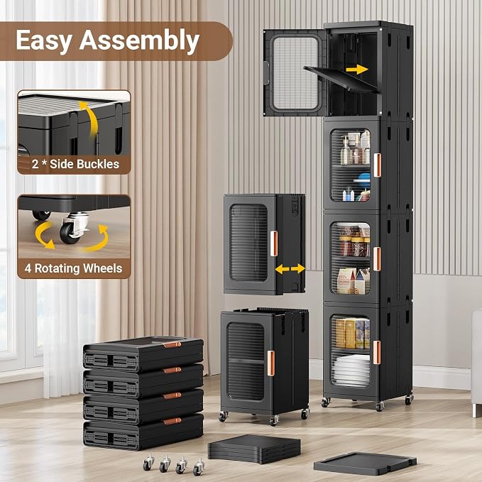 BROVIEW 3-Tier Tall Narrow Storage Cabinet Organizer, Slim Bathroom Cabinets with Adjustable Shelves and Doors, Plastic Kitchen Pantry Organizers and Storages for Small Space, Laundry, Black