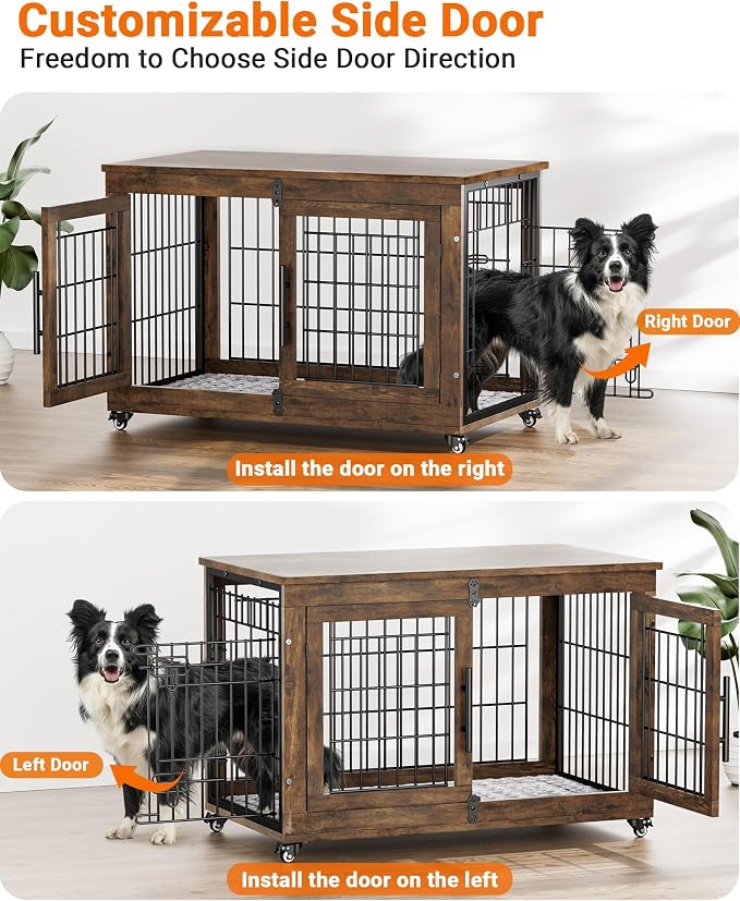 YaFiti Dog Crate Furniture, 38.5" Wooden Indoor Dog Kennel, Rustic Brown | for Large/Medium Dogs, Up to 70 lb, Cushion, Wheels, Double Doors, Furniture Style, Side End Table, Decorative Pet Cage House