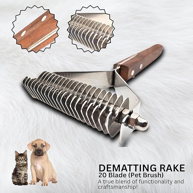 Undercoat Dematting Rake for Dogs & Cats – Grooming Tool with Stainless Steel Teeth & Wood Handle – Undercoat Remover for Thick & Matted Pet Fur (20 Blades)