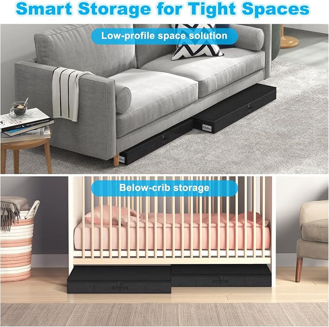 Under Bed Storage Container Bin 4 Pack, 4.5 Inch Slim Low Profile Underbed Clothes Storage Organizer for Dorm & Home, Use for Blanket and Toy Storage Box W/ Sturdy Bottom/Sides, Foldable Thick Fabric