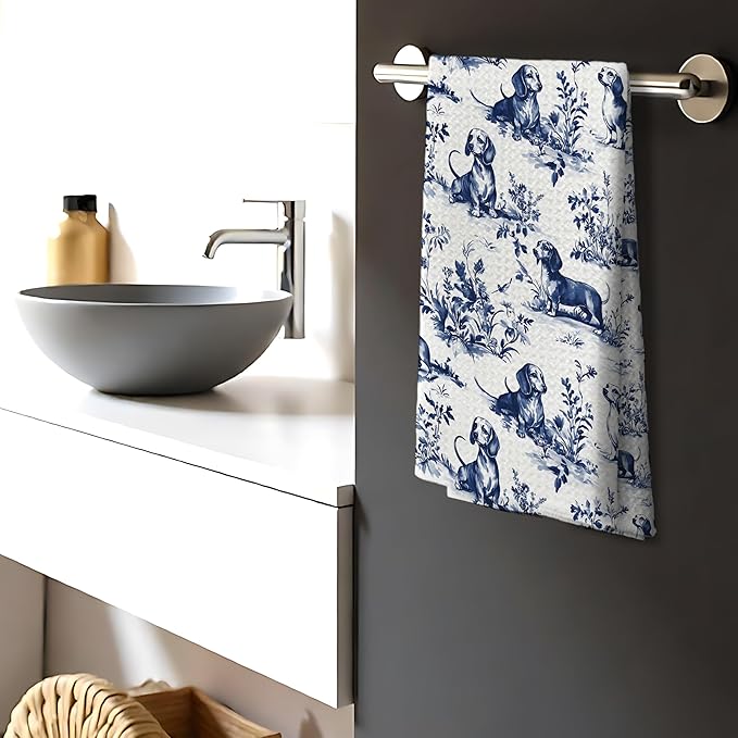 Chinoiserie Dachshund Floral Kitchen Towels, Blue and White Floral Botanical Dachshund Decorative Dish Tea Towels, Grandmillennial Weiner Dog Hand Towels for Kitchen Bathroom, 16x24 Inch
