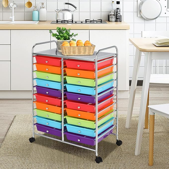 20 Drawer Rolling Storage Cart, Art Cart Organizer with Wheels for Makeup, Tool, Paper, Multipurpose Craft Storage Cart with Drawers for Office, Home, Classroom, Teacher, School (Multi-Color)