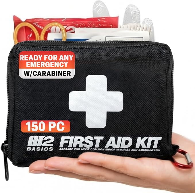 M2 BASICS 150 Piece Premium First Aid Kit, Compact Bag for Purse & Travel | On-The-Go Emergency Use, Backpack, Glove Box, Luggage, Carry-On, School, Sports, Car, RV, Boat, Hiking, Camping And Dorm
