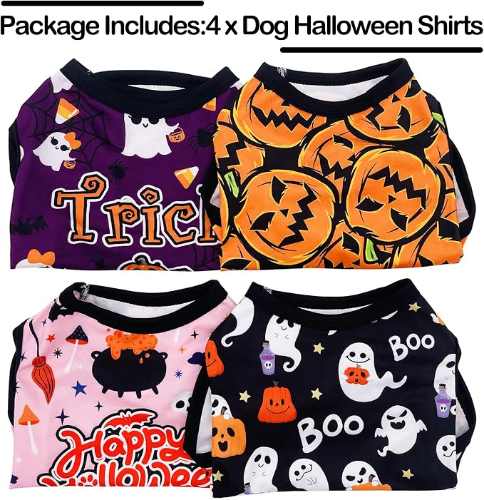 PET SHOW 4 Pack Halloween Dog Shirts for Extra Small Doggies Boy Girl | Breathable t-shirts for cats,polyester,sleeveless vest,holiday birthday puppy clothes tank top,XS