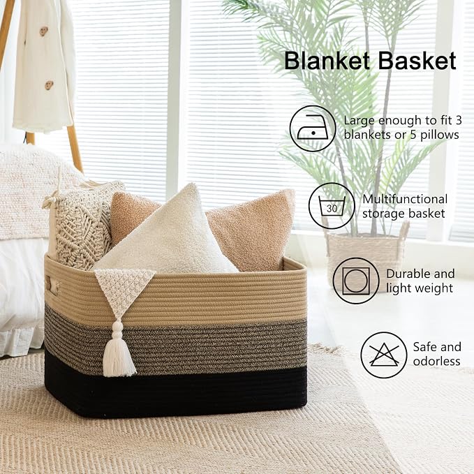 OIAHOMY Blanket Basket Laundry Basket Dog Toy Basket 108L Yellow Black | Large Storage Basket,Baby Basket,Toy Storage,Woven Rope Basket for Blankets,Blanket Storage for Living Room