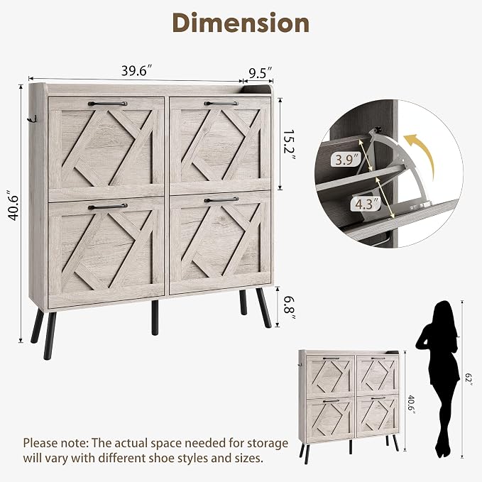 Shoe Cabinet with 4 Flip Drawers, Freestanding Shoe Organizer Cabinet, Farmhouse Narrow Shoe Storage Cabinet for Entryway, Foyer, Hallway