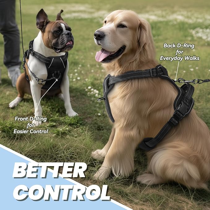 VIVAGLORY No Pull Dog Harness Vest Harness, L, Black - Plain | with Handle Front and Back Clip for Training & Pulling, No Pull & Escape Proof Padded Adjustable for Pet Puppy