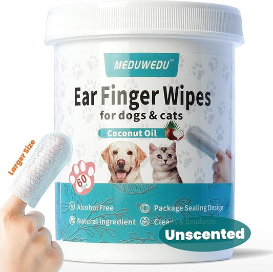 MEDUWEDU Wider Ear Cleaner Finger Wipes 60 Counts, Dog Ear Cleaner, Grooming Kit Care for Dogs and Cats,Otic Cleaning Pads, Remove Wax, Dirt & Stop Smelly, Itchy, Non-Irritating, Unscented