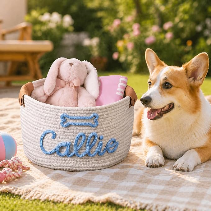 JUPPE Pet Dog Basket with Personalized Name, Dog Toys Storage Organizer Custom Cotton Rope Basket Nursery Decor (Dog Toy Basket)