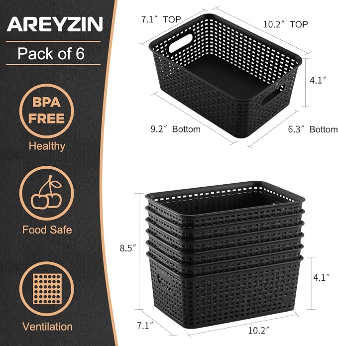 AREYZIN Plastic Storage Baskets Set of 6 Sturdy Small Organizer Plastic Storage Bins Baskets for Shelves,Closet,Countertops, Desktops, Cabinets and Badrooms,Black